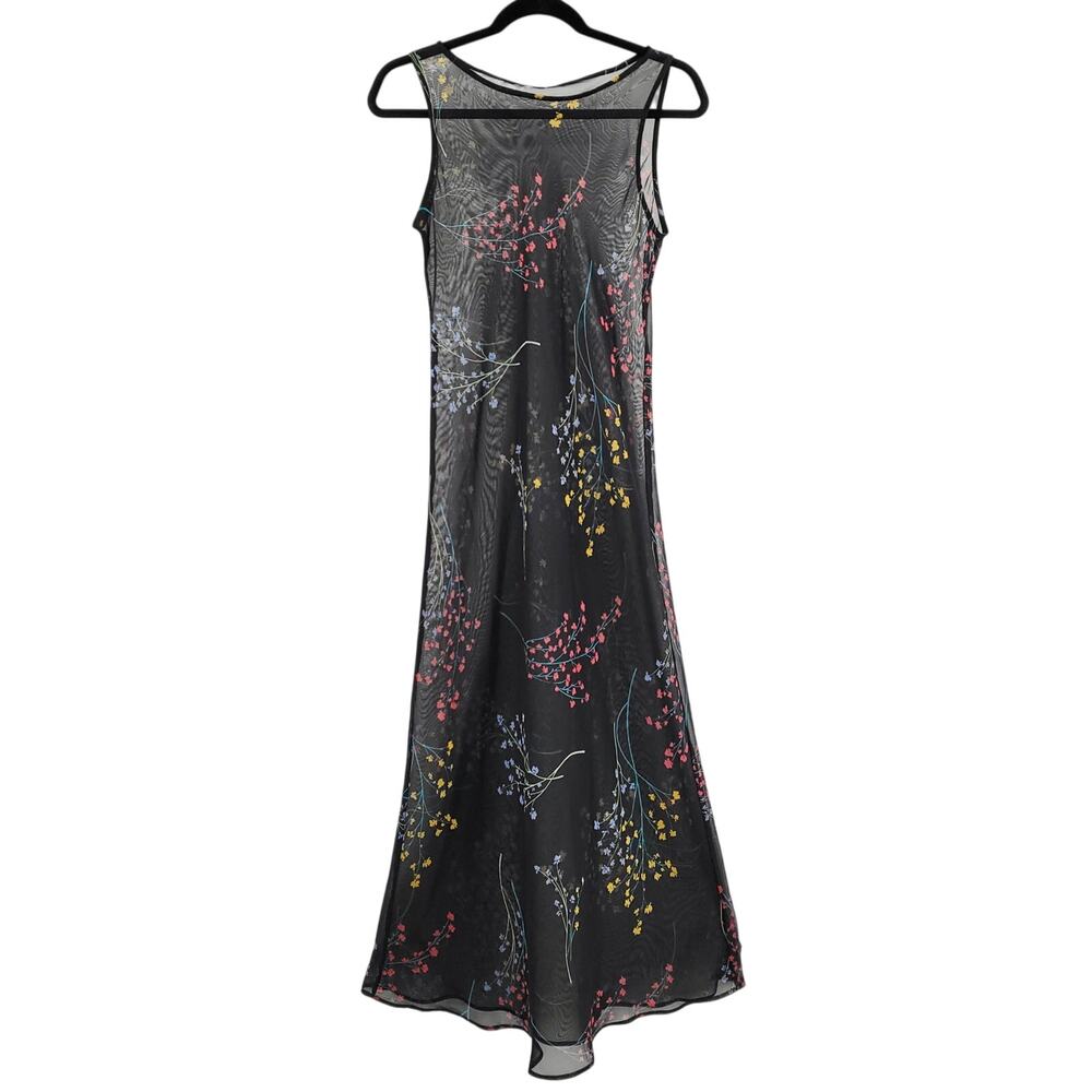 90's Y2k Floral Wildflowers Black Sheer Midi Dress Whimsigoth Romantic Sz Small